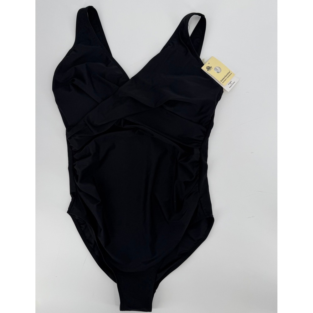 SummerSunshine Womens Maternity One Piece Swimsuit Black Ruched V-Neck Sz M NWT